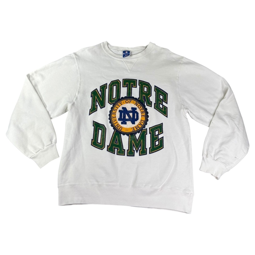 Vintage Champion Notre Dame Fighting Irish Crewneck White 90s Made in USA Large